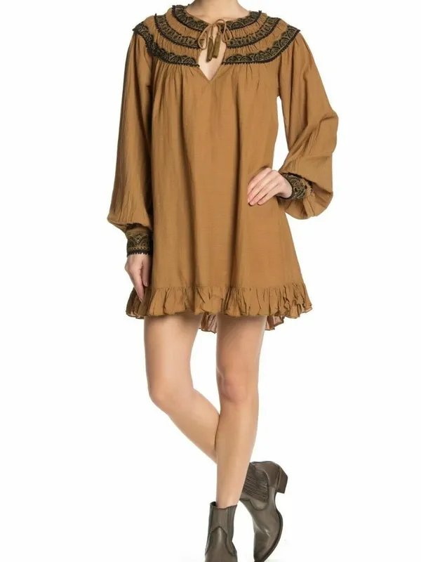 Free People Anthropologie Erin Embroidered LS Bronze Keyhole Mini Dress Size med - Image 3