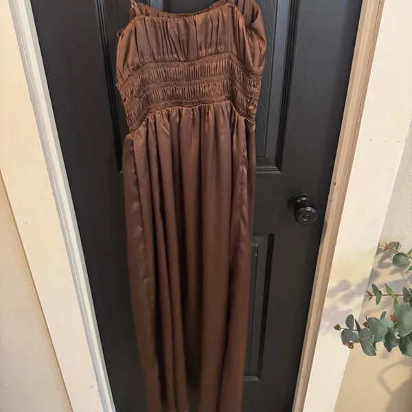 Abercrombie Medium Brown Shocked Satin Slit Sleeveless Elegant Maxi Dress - Image 6
