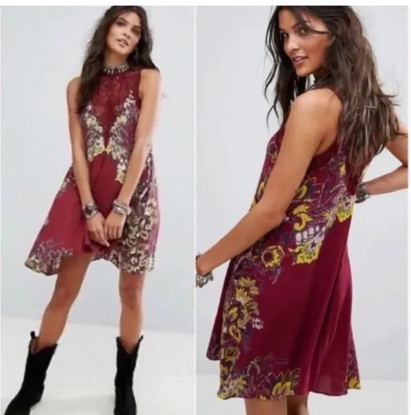 Free People Intimately Dress SZ Medium Marsha Lace Slip NWT Wine Floral Boho - Image 2