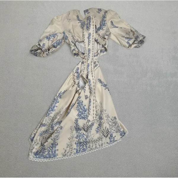Boho Midi Dress Floral Print Cut Out Tie Back Cuff Sleeve Cream Blue Puff NWOT - Image 4