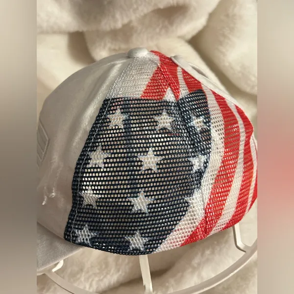 American Flag Mesh Back Trucker Hat Pony Cap. White - Image 3