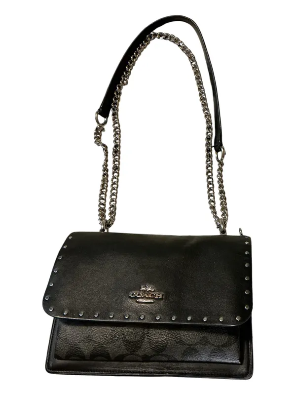 COACH Black Leather & Signature Canvas Studded Crossbody Shoulder Bag w/ Chain Strap - Image 5
