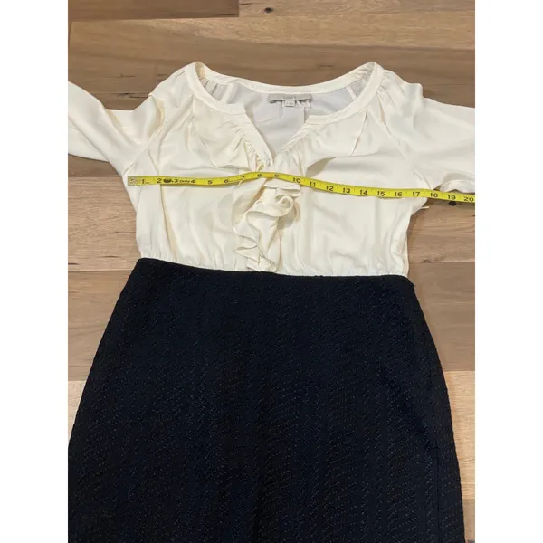 LOFT Mixed Media Dress Size 6 Cream Black Long Sleeve Ruffle Top Knee Length - Image 5