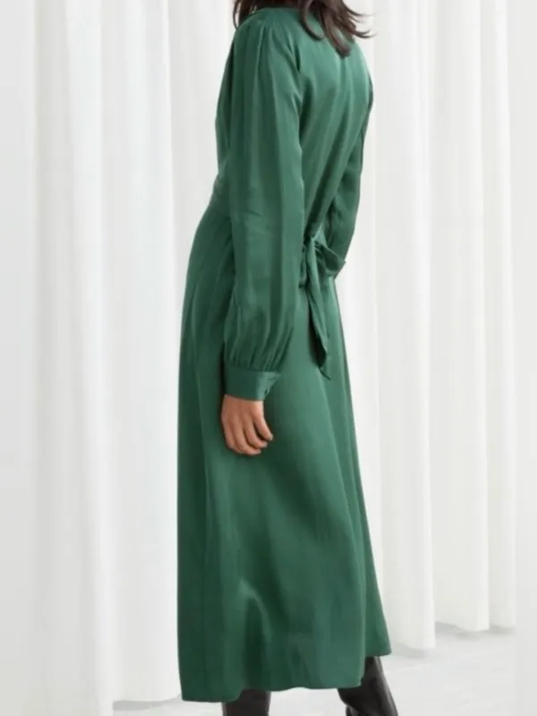 NWT & other stories Forest Green Long Sleeve Midi Dress satin v neck - Image 2