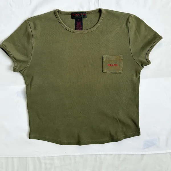 Ralph Lauren Vintage 90s Cropped Logo Pocket Tee - Olive - M - Image 4