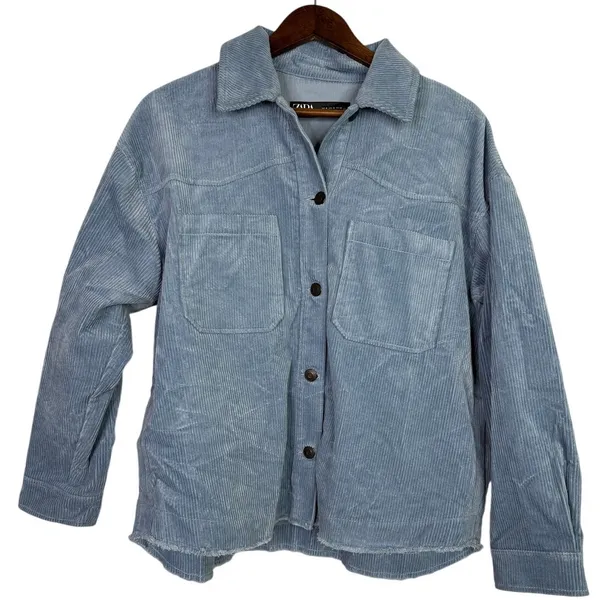 Zara Oversized Long Sleeve Corduroy Shacket Raw Hem Button Down Jacket M Blue - Image 12
