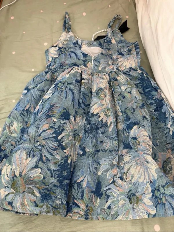 Girls Blue Floral Party Dress with Pearl Straps - Image 5