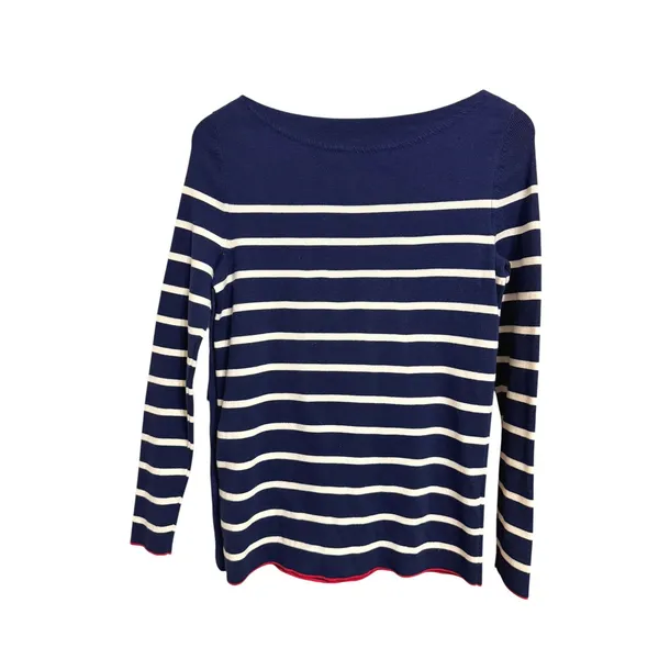 Nautical Preppy Tommy‎ Hilfiger Striped Boatneck Button Side Navy White Top S - Image 6