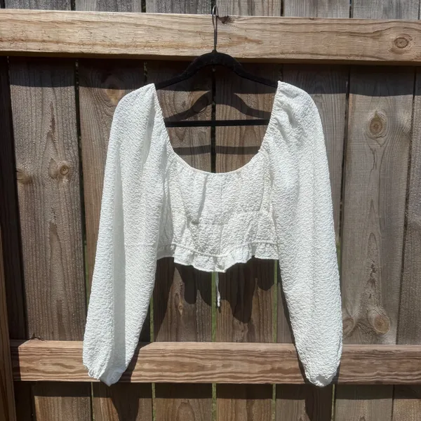 Lulus White Textured Tie Front Balloon Sleeve Crop Top Blouse Medium - Image 3