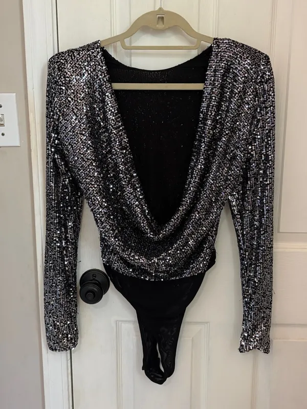 Lulus Shimmering Love Grey Sequined Cowl Back Bodysuit - Image 10