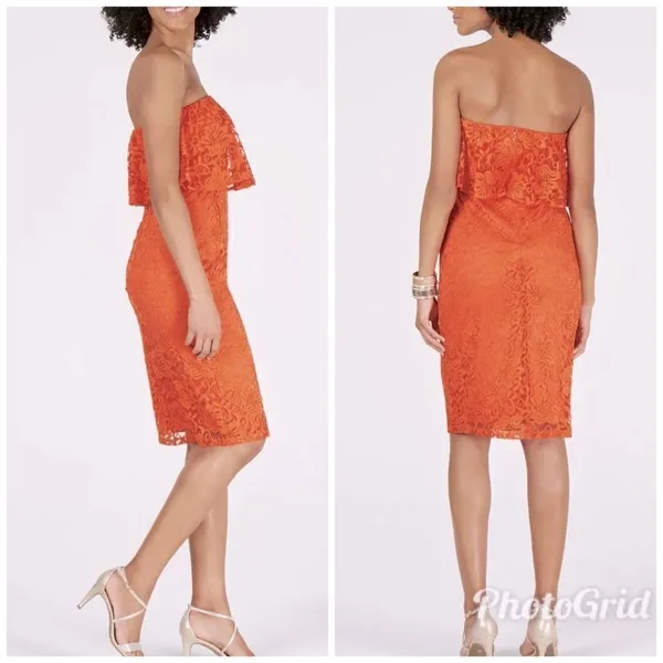 THALIA SODI Strapless Lace Cocktail Dress Medium Orange Midi Cocktail‎ Party New - Image 13