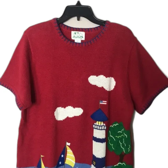 Quacker Factory VTG nautical sailboat lighthouse embroidered pullover sweater top - Image 2