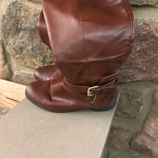 Boots Women's Tall Brown Leather Heeled Riding Boots with Buckle by Nine West 6 - Image 6