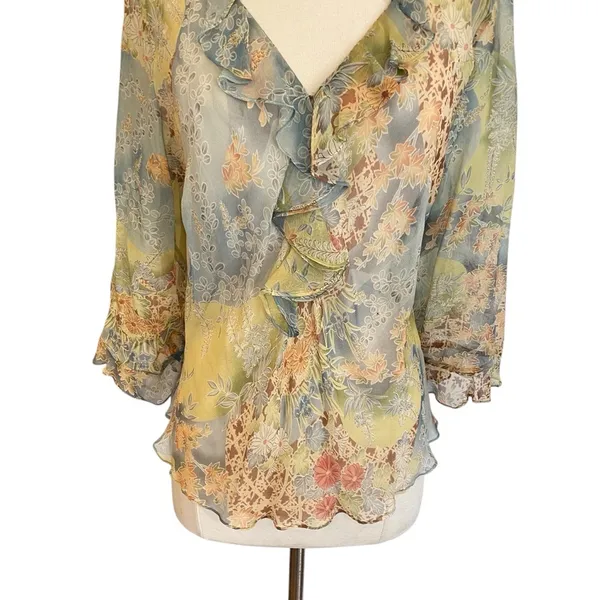 Y2K Silk Floral Ruffle Blouse Fairycore Sheer Top - Image 4
