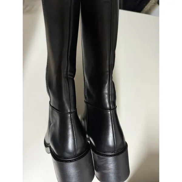 Zara $139 Faux Leather Black Boots Chunky Block Low‎ Rubber Heel Hunting Moto - Image 11