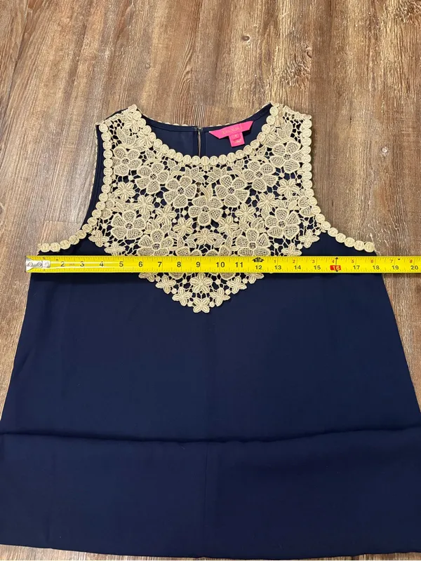 Lilly Pulitzer Navy Nala Shift Dress 4 Gold Crochet Lace Neckpiece Preppy Summer - Image 11