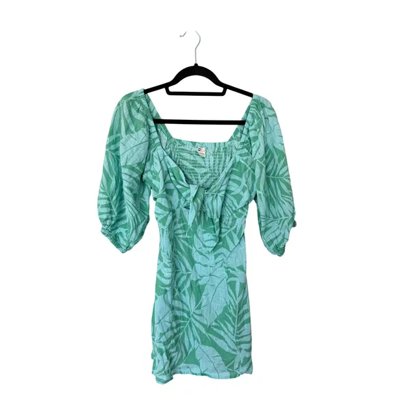 Billabong Tropical Palm Print Tie Front Mini Dress Green Teal Cotton Size Medium - Image 4