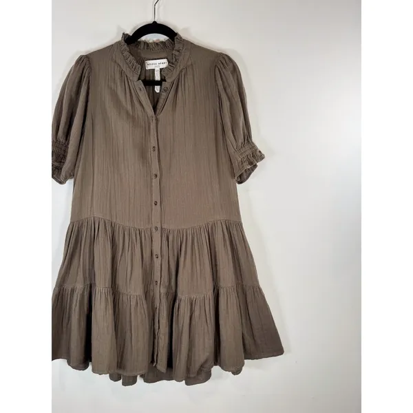 Apiece Apart Womens Dress Brown Las Alturas Mini Tiered Puff Sleeve A Line XS - Image 6