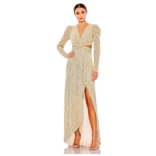 NWT Mac‎ Duggal Metallic Puff Sleeve Front Twist Gown Gold 27050 Sz 8 $298 - Image 3