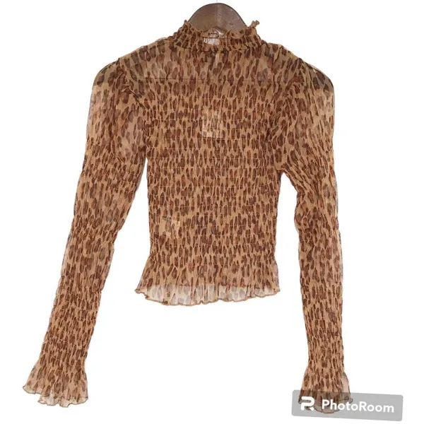 FREE PEOPLE Sheer Leopard Print Smocked Long Sleeve Top Mock‎ Neck Size XS New - Image 3