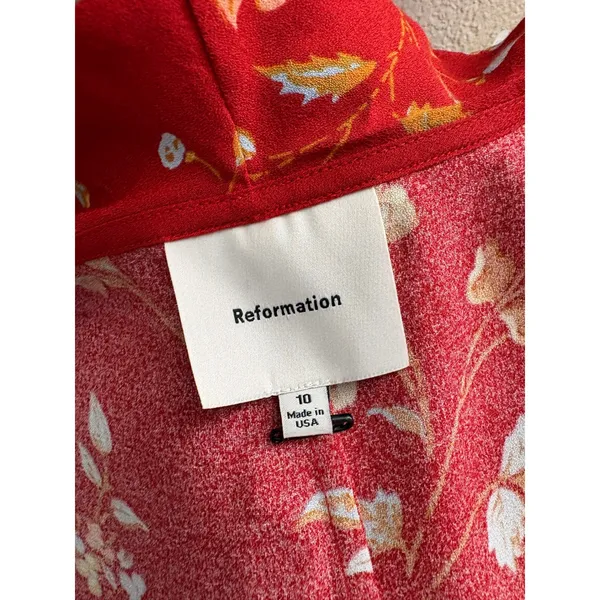 Reformation Clemence Crepe Wrap Top Red Floral Ruffle Size 10 - Image 4