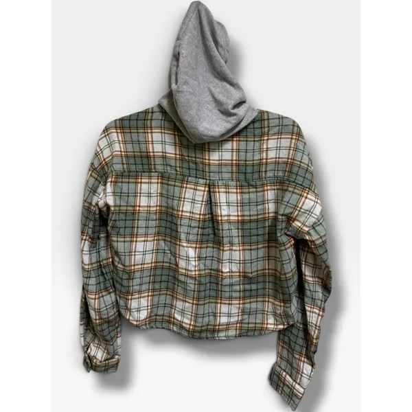 No Comment Plaid Hooded Cropped Flannel Shirt Green Gray Grunge Medium - Image 5