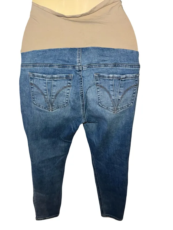 Indigo Blue Skinny Maternity Jeans in Blue with Beige Panel size medium. - Image 2