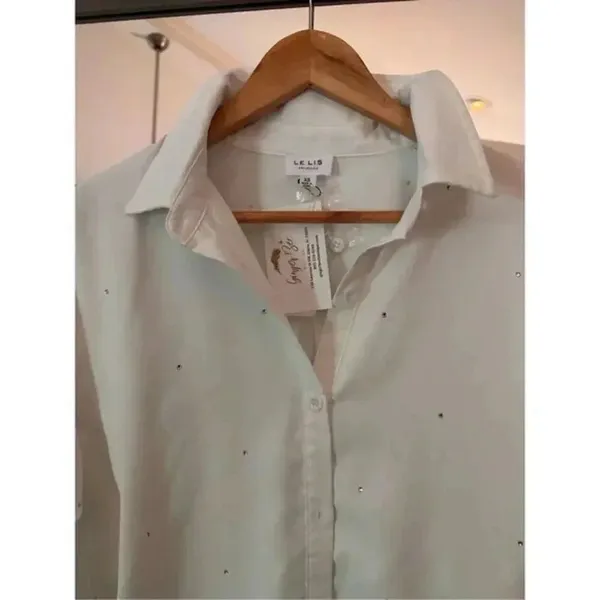 Lelis White Silver Sequin Button Down Shirt Extra Small Long Sleeve Size XS - Image 2