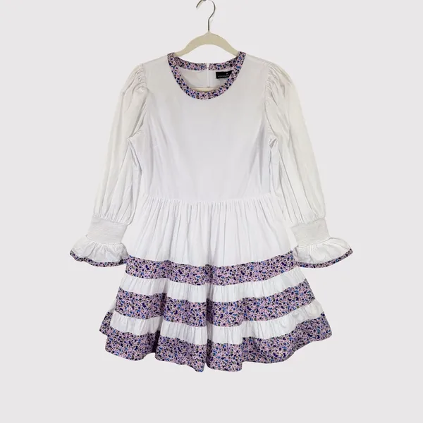 Tuckernuck Pomander Place Mini Dress White Floral Tiered Fran Puff Sleeve XS - Image 2