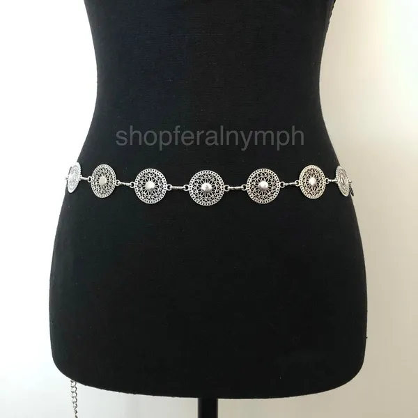 Vintage Y2K Boho Silver Mandala Circle Chain Belt, Fits 26.5–46 Inches, X7GA1166 - Image 5