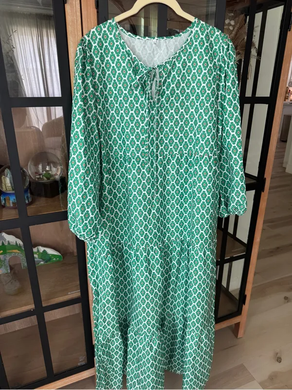 Amazon block print kelly green maxi dress midi puff sleeve tiered ruffle - Image 8