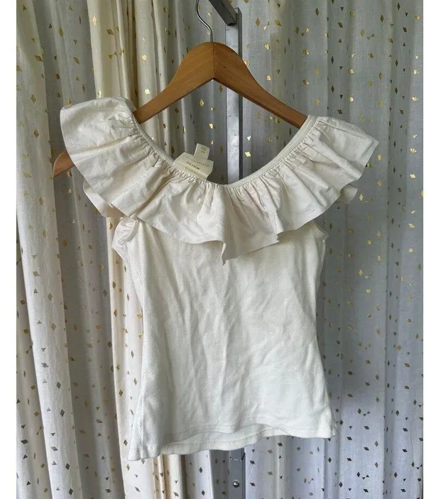 Anthropologie MaEve 100% Cotton Ivory Tina V Neck Ruffled Trim Tank XS - Image 5
