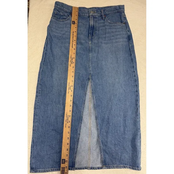 Old Navy Mid-Rise Denim Jean Maxi Skirt Med‎ Wash Front Slit Size 8 Modest - Image 2