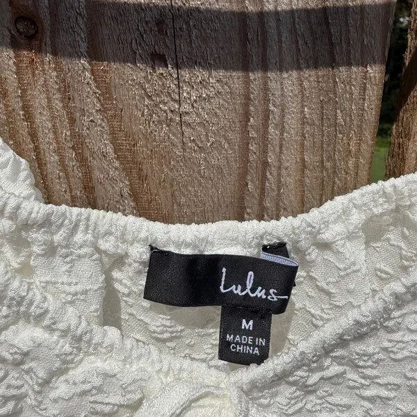 Lulus White Textured Tie Front Balloon Sleeve Crop Top Blouse Medium - Image 2