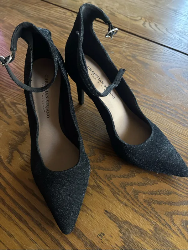 Christian Siriano Black Glitter Pointed Ankle-Strap Heels - Image 2