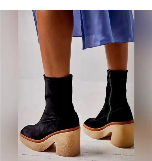 Free People Black Sock Platform Boots with Tan Crepe Heel - Image 3