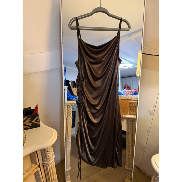 NEW Spaghetti Strap Satin Drawstring Ruched Split Hem Cocktail Dress XL - Image 4