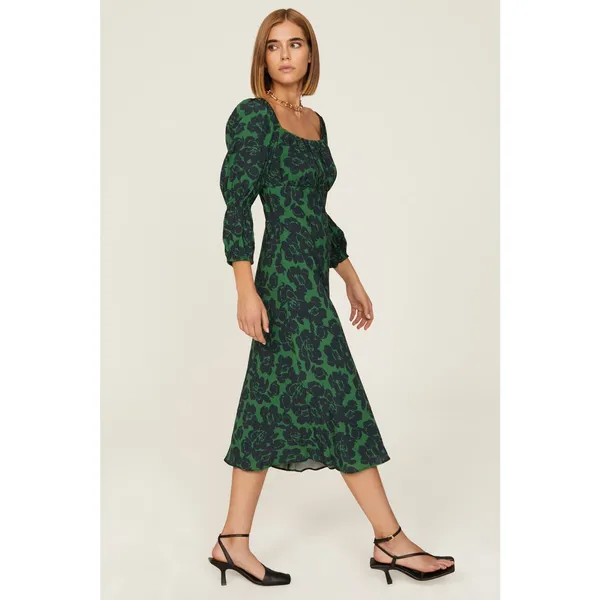 Peter Som Green Floral Print Crepe Long Sleeve Square Neck Midi Dress Size 6 - Image 2