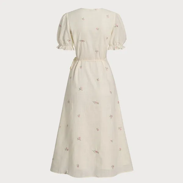 Rihoas Beige Embroidery Puffed Sleeve Wrap Midi Dress - Image 8