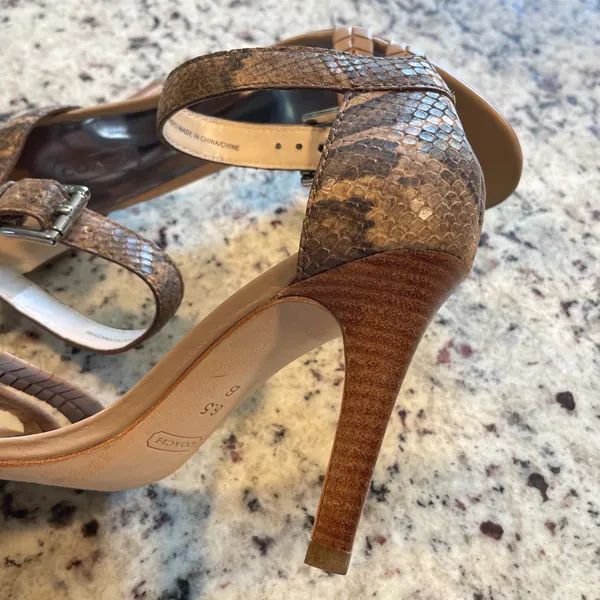 Coach Hally Sandals Womens 6.5 Tan Snakeskin Woven Stiletto Heels A3921 Animal - Image 5