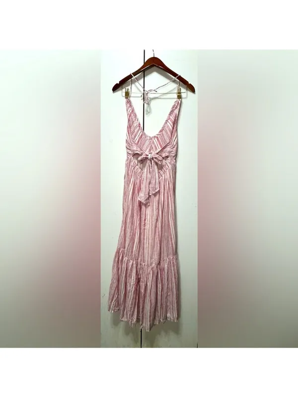 Free People Audrey Halter Maxi Dress Pink Striped Tie Back S - Image 9