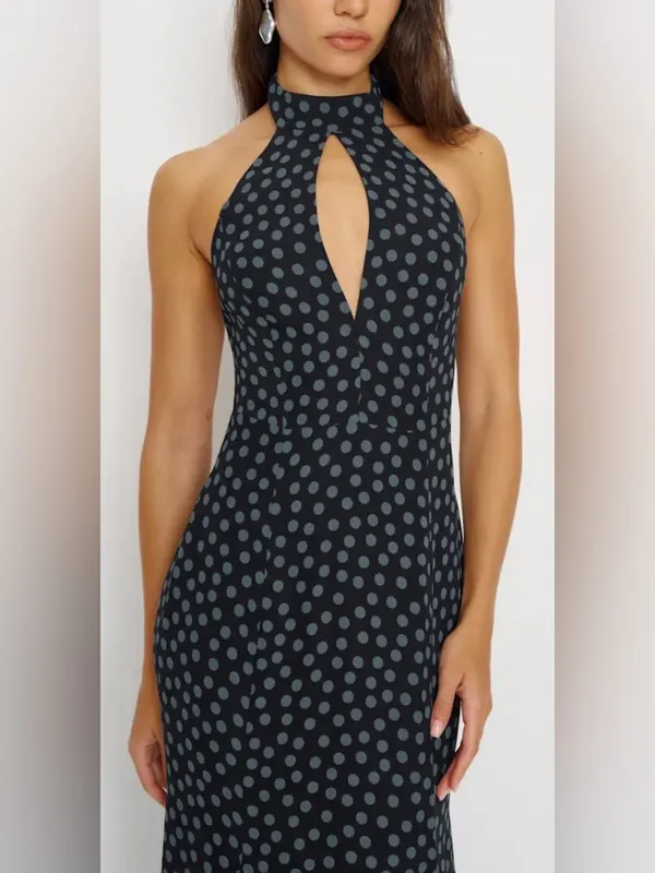 NEW REFORMATION Noele Maxi halter Dress blue Black polka dot sz 4 - Image 2