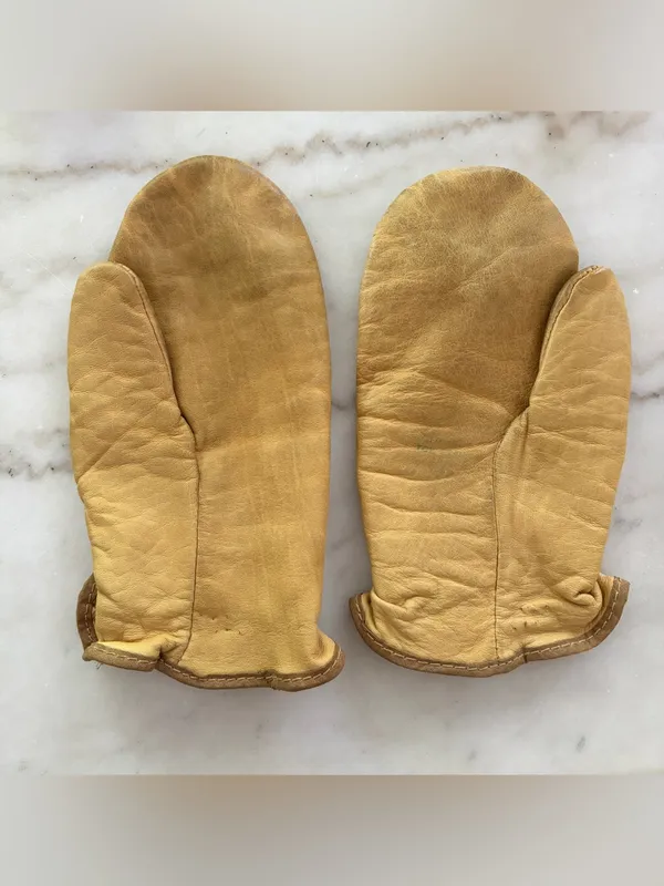 Vintage Leather Mittens Tan Brown Warm Lined Rustic Winter Gloves - Image 2