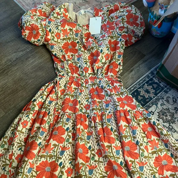 NWT &Merci Cream‎ Orange Floral Puff Sleeve Back Cut Out Lindsay SunDress - Image 8