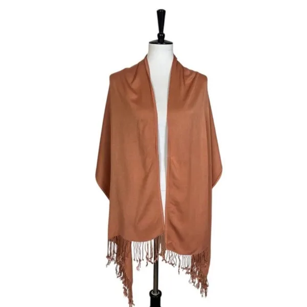 Women’s Bundle 3 Oblong Scarfs Solid Neutral Color Fringe Tan Orange Brown Tan - Image 3