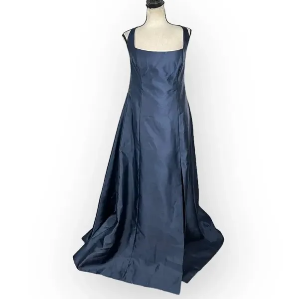 Alfred Sung Maxi Gown Women's 14R Navy Blue Square Neck Satin A-Line Sleeveless - Image 5