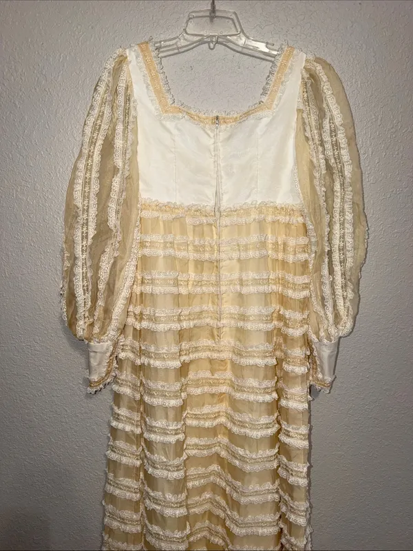 vintage 70s pale yellow maxi dress sheer ruffled tiers and long puff sleeves - Image 5