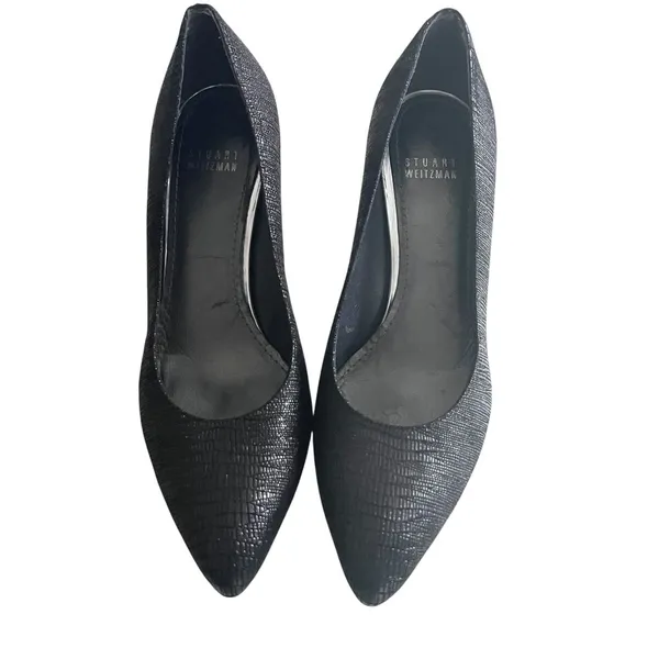 Stuart Weitzman Black Curvia Textured Pointed Toe Heeled Pumps Size 7.5M - Image 2