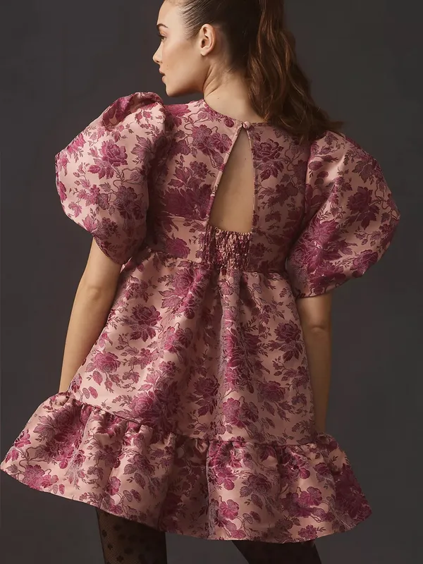 By Anthropologie Puff Short-Sleeve Babydoll Mini Dress Pink Floral Medium - Image 2