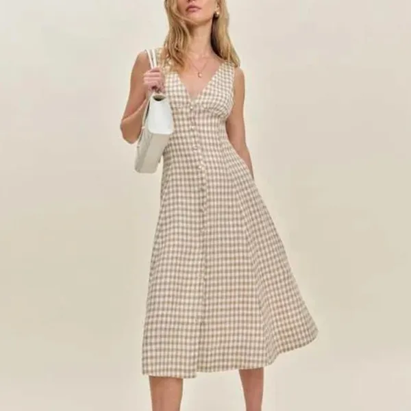 Reformation | Sebastien 100% Linen Gingham Button Front Midi Dress in Natural - Image 2